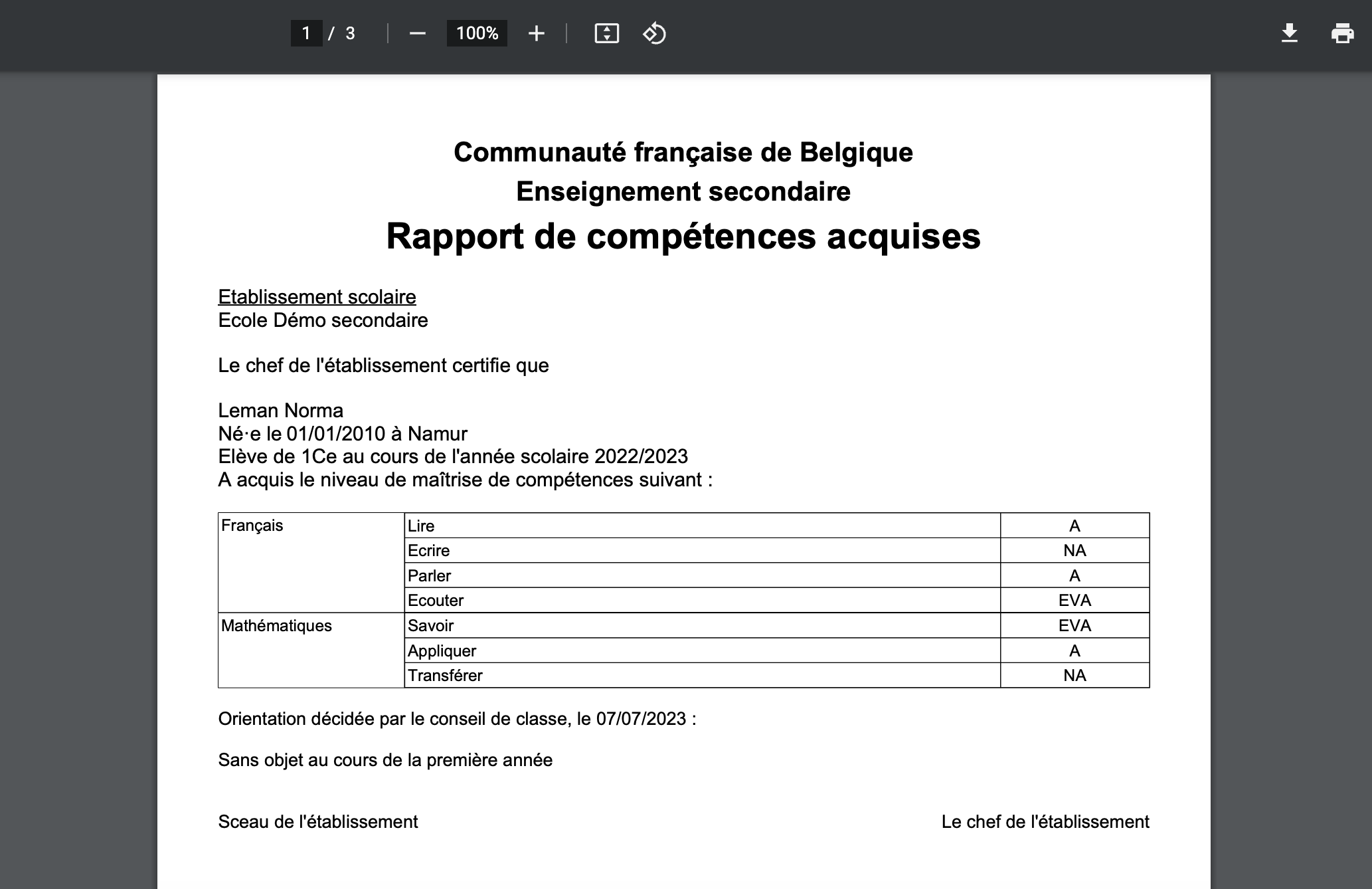 Impression rapport de compétences