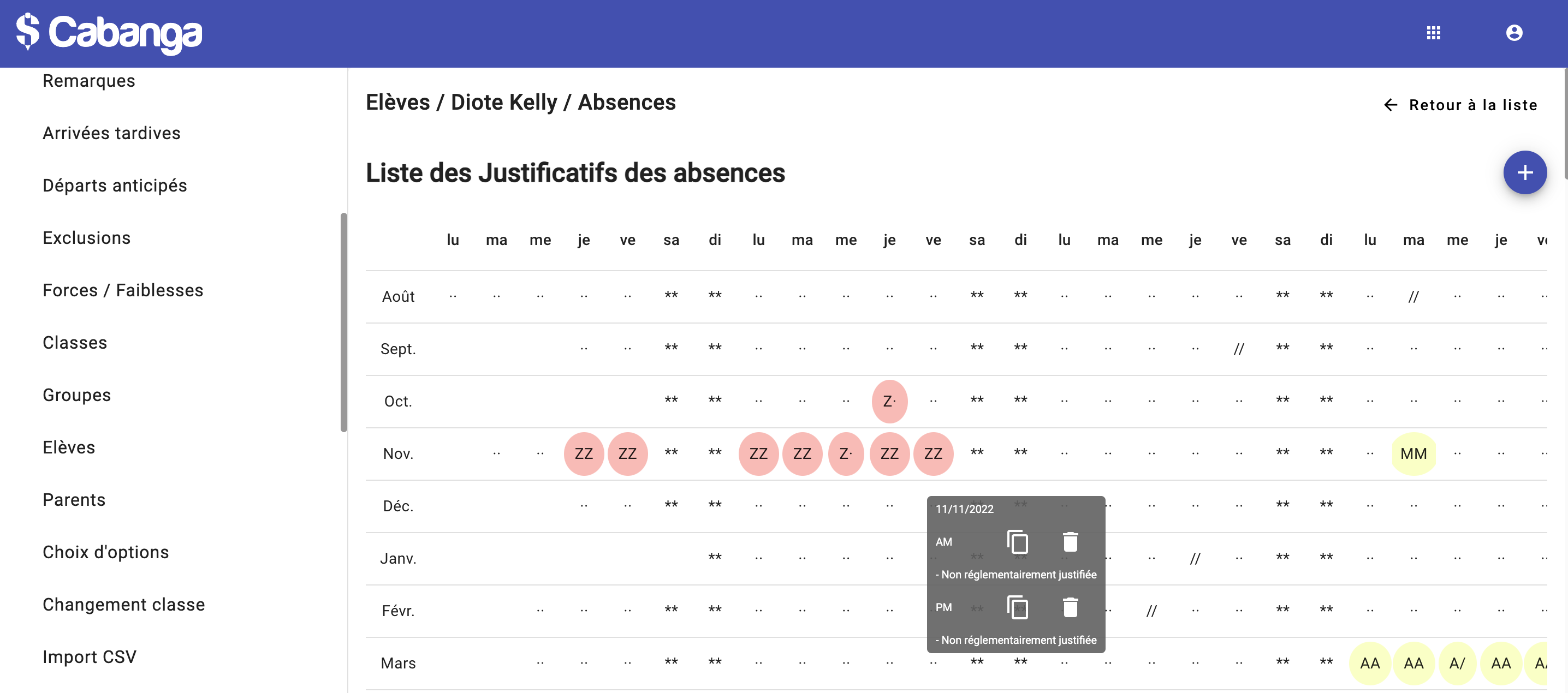 Gestion des absences par élève